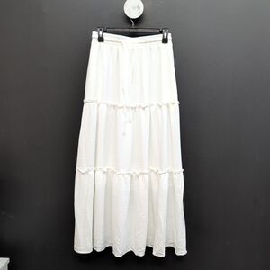Women's Boho Cottage Tiered Drawstring Pull On Maxi Skirt Medium White